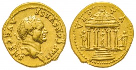 Vespasianus 69-79 
Aureus, Rome, 73, AU 7.27 g.
Avers : IMP CAES VESP AVG CENS Tête laurée à droite. /Revers : VESTA Temple-sanctuaire rond de Vesta...