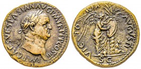 Vespasianus 69-79 
Sestertius, Rome, 71, AE 24.01 g.
Avers : IMP CAES VESPASIAN AVG P M TR P P P COS III Tête laurée à droite. 
Revers : VICTORIA A...
