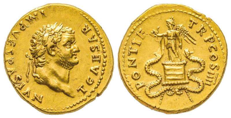Titus 79-81
Aureus, Rome, 75, AU 7.31 g.
Avers : T CAESAR IMP VESPASIAN Tête l...