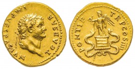 Titus 79-81
Aureus, Rome, 75, AU 7.31 g.
Avers : T CAESAR IMP VESPASIAN Tête laurée à droite. /Revers : PONTIF TR P COS IIII Victoire debout à gauch...