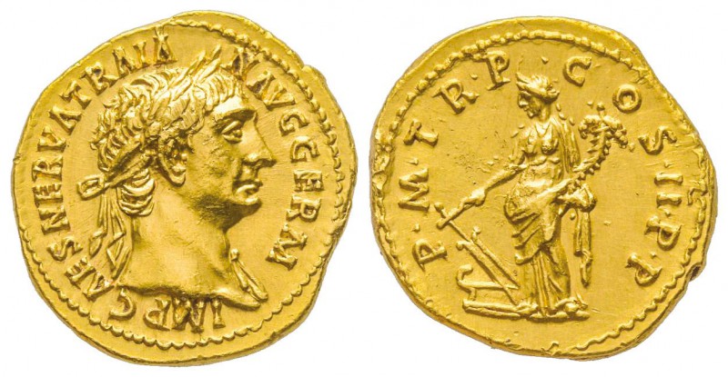 Traianus 98-117
Aureus, Rome, 98, AU 7.35 g.
Avers : IMP CAES NERVA TRAIAN AVG...