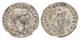 Traianus 98-117
Denarius, Rome, 103-111, AG 3.51 g.
Ref : C 87, RIC 122 Conservation : NGC AU 5/5 - 5/5