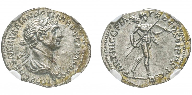 Traianus 98-117
Denarius, Rome, 114-117, AG 3.29 g.
Ref : C. 190, RIC 331 Cons...