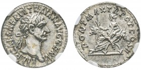 Traianus 98-117
Denarius, Rome, 98, AG 3.33 g.
Avers : IMP CAES NERVA TRAIAN AVG GERM Tête laurée à droite. 
Revers : PONT MAX TR POT COS II Abunda...