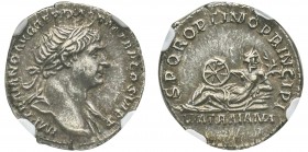 Traianus 98-117
Denarius, Rome, 112-113, AG 3.33 g.
Avers : IMP TRAIANO AVG GER DAC P M TR P COS III P P 
Revers : S P Q R OPTIMO PRINCIPI, à l’exe...