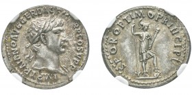 Traianus 98-117
Denarius, Rome, 103-107, AG 3.23 g.
Ref : C. 402a, RIC 204 Conservation : NGC AU 5/5 - 4/5