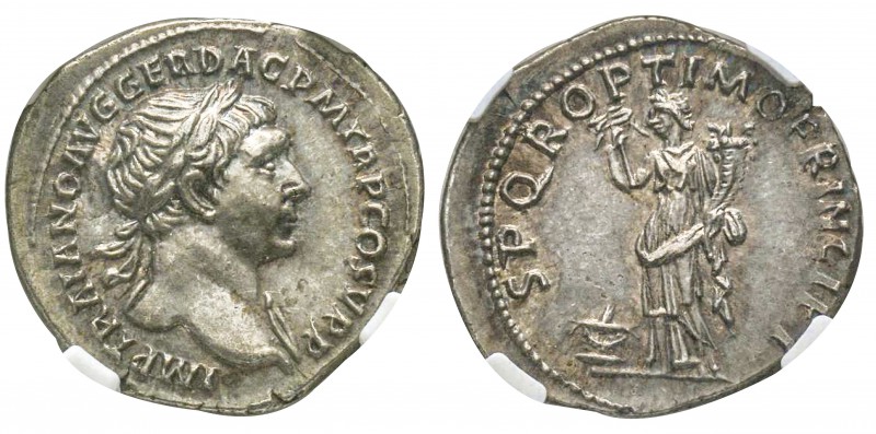Traianus 98-117
Denarius, Rome, 106-107, AG 3.39 g.
Avers : IMP TRAIANO AVG GE...