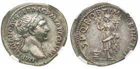 Traianus 98-117
Denarius, Rome, 106-107, AG 3.39 g.
Avers : IMP TRAIANO AVG GER DAC PM TR P COS V PP Buste drapé à droite, draperie sur l’epaule. /R...