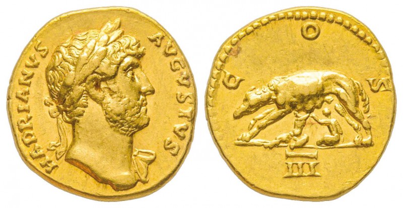 Hadrianus 117-138 Aureus, Rome, 125-128, AU 7 g.
Avers : HADRIANVS AVGVSTVS Têt...