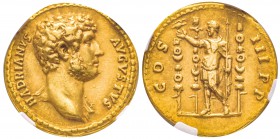 Hadrianus 117-138
Aureus, Rome, 134-138, AU 7.33 g.
Avers : HADRIANVS AVGVSTVS Buste à droite avec aegis. 
Revers : COS III PP Hadrianus debout à g...
