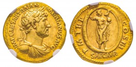 Hadrianus 117-138
Aureus, Rome, 119-122, AU 7.28 g.
Avers : IMP CAESAR TRAIAN HADRIANVS AVG Buste lauré et drapé à droite. /Revers : P M TR P COS II...