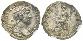 Hadrianus 117-138
Denarius, Rome, 119-122, AG 3.56 g.
Avers : IMP CAESAR TRAIAN HADRIANVS AVG Buste lauré et drapé d’Hadrien à droite. /Revers : P M...