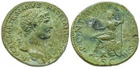 Hadrianus 117-138
Sestertius, Rome, 119-121, AE 23.85 g.
Avers : IMP CAESAR TRAIANVS HADRIANVS AVG Buste lauré de trois-quarts à droite, le manteau ...