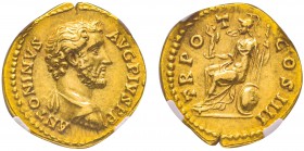 Antoninus Pius 138-161
Aureus, Rome, 145-161, AU 7.27 g.
Avers : ANTONINVS AVG PIVS P P Buste cuirassé à droite. /Revers : TR POT COS IIII Roma assi...