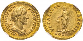 Antoninus Pius 138-161
Aureus, Rome, 158-159, AU 7.34 g.
Avers : ANTONINVS AVG PIVS P P TR P XXII Buste lauré et drapé à droite. /Revers : VOTA SVSC...
