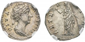 Antoninus Pius pour Faustina Augusta 138-141 
Denarius, Rome, 141-161, AG 3.32 g.
Avers : DIVA FAUSTINA Buste drapé à droite /Revers : AETERNITAS Ae...
