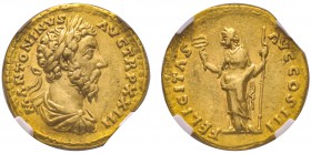 Marcus Aurelius 161-180 
Aureus, Rome, 168-169, AU 7.23 g.
Avers : M ANTONINVS AVG TR P XXIII Buste lauré, drapé et cuirassé à droite. /Revers : FEL...