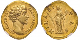 Marcus Aurelius 161-180
Aureus, Rome, 145-147, AU 7.35 g.
Avers : AVRELIVS CAESAR AVG P II F COS II Tête nue à droite. /Revers : HILARITAS Hilaritas...