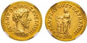 Marcus Aurelius 161-180
Aureus, Rome, 162-163, AU 7.18 g.
Avers : M ANTONINVS AVG IMP II Buste drapé et cuirassé à droite. /Revers : SALVTI AVGVSTOR...