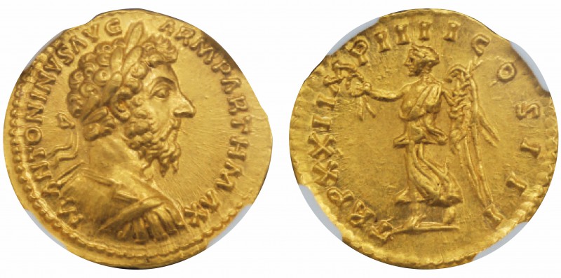 Marcus Aurelius 161-180
Aureus, Rome, 166-167, AU 7.34 g.
Avers : M ANTONINVS ...
