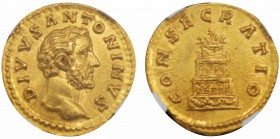 Marcus Aurelius pour Divus Antoninus Pius 161-180 
Aureus, Rome, 161-180, AU 7.24 g.
Avers : DIVVS ANTONINVS Tête nue à droite. 
Revers : CONSECRAT...