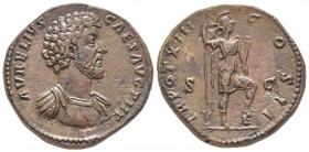 Marcus Aurelius 161-180
Sestertius, Rome, 158-159, AE 23.35 g.
Avers : AVRELIVS CAES AVG PII F Buste cuirassé à droite. 
Revers : TR POT XIII COS I...