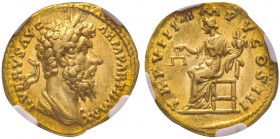 Lucius Verus 161-169
Aureus, Rome, 168, AU 7.18 g.
Avers : L VERVS AVG ARM PARTH MAX Buste lauré et drapé à droite. /Revers : TR P VIII IMP V COS II...