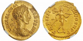 Commodus 180-192
Aureus, Rome, 179, AU 7.32 g.
Avers : L AVREL COMMODVS AVG Buste lauré, drapé et cuirassé à droite. /Revers : TR P V IMP III COS II...