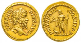 Septimius Severus 193-211 
Aureus, Rome, 205, AU 7.2 g.
Avers : SEVERVS PIVS AVG Tête laurée à droite. /Revers : P M TR P XIII COS III P P Jupiter d...