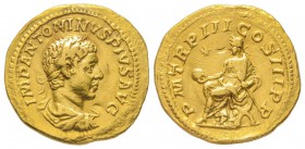 Elagabalus 218-222 
Aureus, Rome, 218-219, AU 6.06 g.
Avers : IMP ANTONINVS PIVS AVG Buste lauré, drapé et cuirassé à droite. /Revers : P M TR P III...