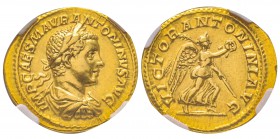 Elagabalus 218-222 
Aureus, Rome, 218-219, AU 6.31 g.
Avers : IMP CAES M AVR ANTONINVS AVG Buste lauré, drapé et cuirassé à droite. /Revers : VICTOR...