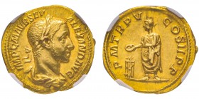 Severus Alexander 222-235 Aureus, Rome, 226, AU 6.31 g.
Avers : IMP C M AVR SEV ALEXAND AVG Buste lauré et drapé à droite. /Revers : P M TR P V COS I...