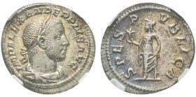 Severus Alexander 222-235 
Denarius, Rome, 232, AG 3.27 g.
Avers : IMP ALEXANDER PIVS AVG Buste lauré et cuirassé à droite. /Revers : SPES PVBLICA S...