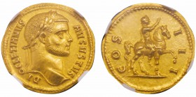 Diocletianus 284-305 
Aureus, Cyzicus, 287-190, AU 5.22 g.
Avers : DIOCLETIANVS AVGVSTVS Tête laurée à droite. /Revers : COS III Dioclétien, vêtu mi...