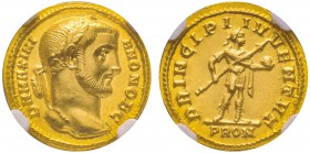 Galerius Maximianus 305-311 
Aureus, Rome, 293-294, AU 5.64 g.
Avers : D N MAXIMIANO NOB C Tête laurée à droite. /Revers : PRINCIPI IVVENTVT PROM Ga...