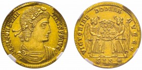 Constantinus II 337-340
Solidus, Siscia, 337-338, AU 4.46 g.
Avers : FL CL CONSTANTINVS P F AVG. Buste diadèmé et cuirassé à droite. /Revers : VICTO...