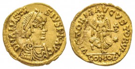 Théoderic, 493-526, Monnayage au nom de Anastasius
Tremissis au nom et au type de Anastasius, Rome, 492-518, AU 1.45 g.
Ref : Hahn 10, Arslan 15 var...