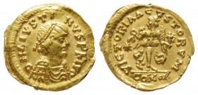 Théoderic-Athalaric 518-527 
Tremissis au nom et au type de Justinus I 518-527, Ravenne, 492-518, AU 1.46 g.
Avers : AV. N A IVSTI NVS PFA VG Buste ...