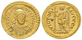 Athalaric 526-534 au nom et au type de Justinien 1er 
Solidus, Rome, 527-536, AU 4.42 g. Avers : D N IVSTINIANVS P F AVG Buste diadèmé, drapé et cuir...