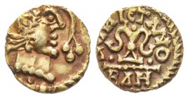 Mérovingiens, Sigebert III 639-656
Tremissis, Banassac, vers 639-645, AU 1.23 g.
Avers : Tête diadèmée à droite.
Revers : GAVALETANO Calice à deux ...