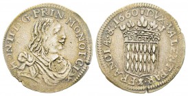 Monaco, Honoré II 1604-1662
1/12 Écu ou 5 Sols, 1660, AG 2.18 g.
Ref : G. MC17, CC 60 Conservation : Superbe