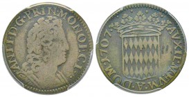 Monaco, Antoine I 1701-1731
Pezzetta, 1707, Billon 4.5 g.
Avers : ANT I DG PRIN MONOECI Buste cuirassé à droite Revers : AVXIL MEVM A DOM Écu rectan...
