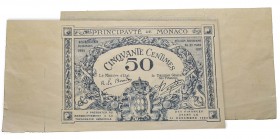 Monaco, Albert Ier 1889-1922
Billet Uniface de 50 centimes, sans numéro et sans série, 1920
Ref : G.MCb Conservation : FDS. Rarissime