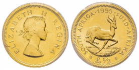 South Africa, Elizabeth II 1952 -
1/2 Pound, 1955, AU 3.99 g.
Ref : Fr.10, KM#53 Conservation : PCGS PR65
Quantité : 900 exemplaires