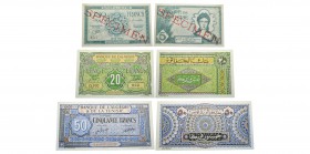 Algeria, République 1962-
Lot de trois billets spécimen de 5 Francs type 1942, 20 Francs type 1946 daté 0.00.000 et numéroté 0.000 Banque de l’Algéri...