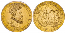 Nuremberg, Ville impériale
Rudolf II 1576-1612 Florin d’or (goldgulden), Nuremberg, 1580, AU 3.2 g.
Avers : D RVDOLPHO II RO IMP - AVG RESP NORIBE /...