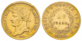 Jérôme Napoléon 1807-1813
20 Frank, Cassel, 1808 C, AU 6.45 g.
Ref : G.2, Fr. 3517 Conservation : PCGS AU53