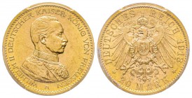 Wilhelm II 1888-1918
20 mark, Uniforme, 1913 A, AU 7.96 g.
Ref : Fr. 3833, J.253, KM#537 Conservation : PCGS MS64+