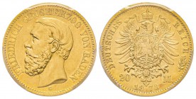 Baden, Friedrich I 1852-1907
20 mark, 1873 G, AU 7.96 g.
Ref : Fr. 3752, J.184 Conservation : PCGS AU55