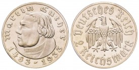 Third Reich 1933-45
2 Reichsmark, 1933 A, Martin Luther, AG 8 g.
Ref : J.352, KM#79 Conservation : PCGS PROOF 65 DEEP CAMEO